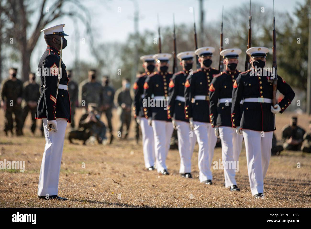 The U.S. Marine Corps Silent Drill Platoon performs on Marine Corps Base Camp Lejeune, North