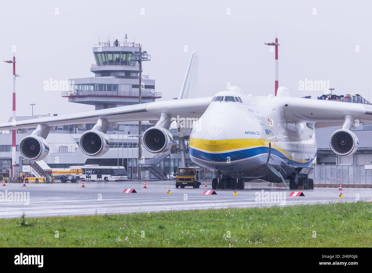 LINZ, AUSTRIA - Oct 07, 2021: Antonov AN225, the largest commercial transport aircraft of the world at Linz Airport in Austria Stock Photo