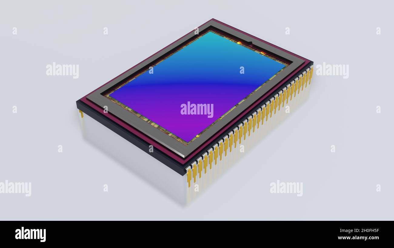 Sensor of modern digital camera, big size with thin pins. Top side view ...