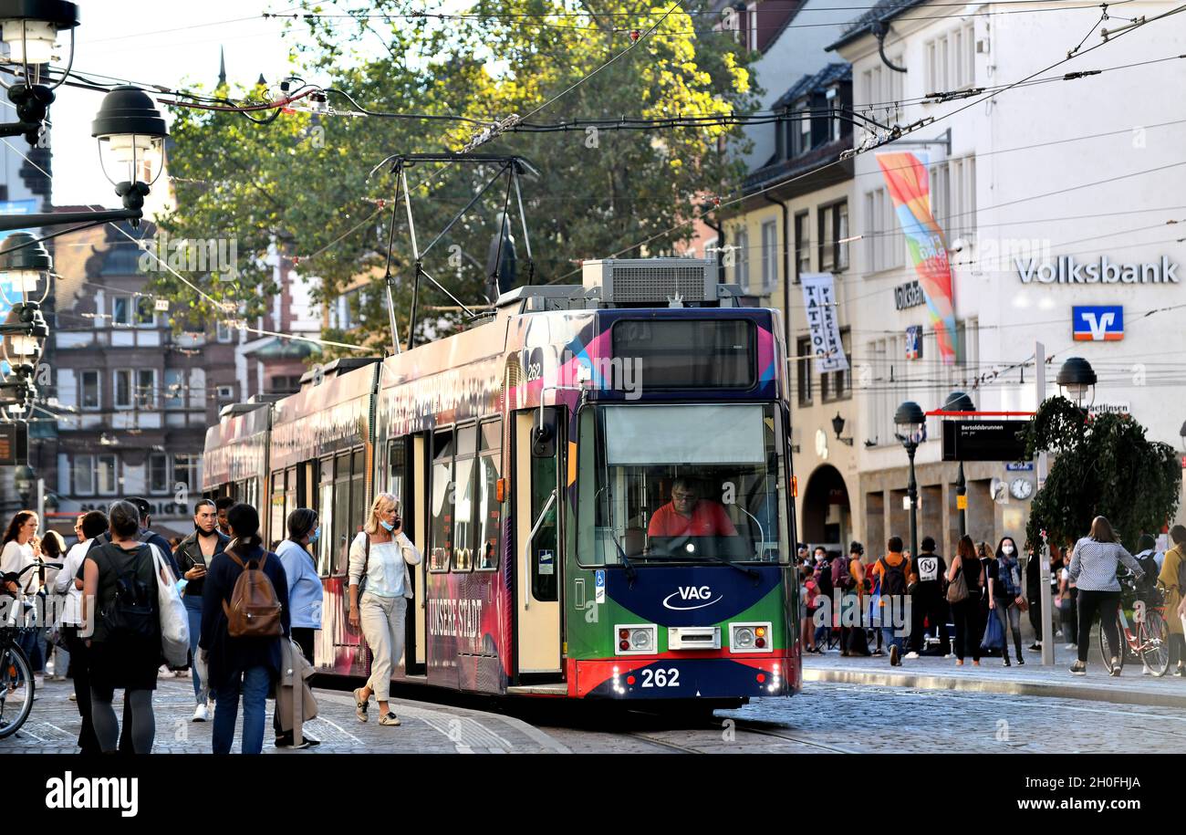 Electric tram on  street in Freiburg Germany. Deutschland Stock Photo