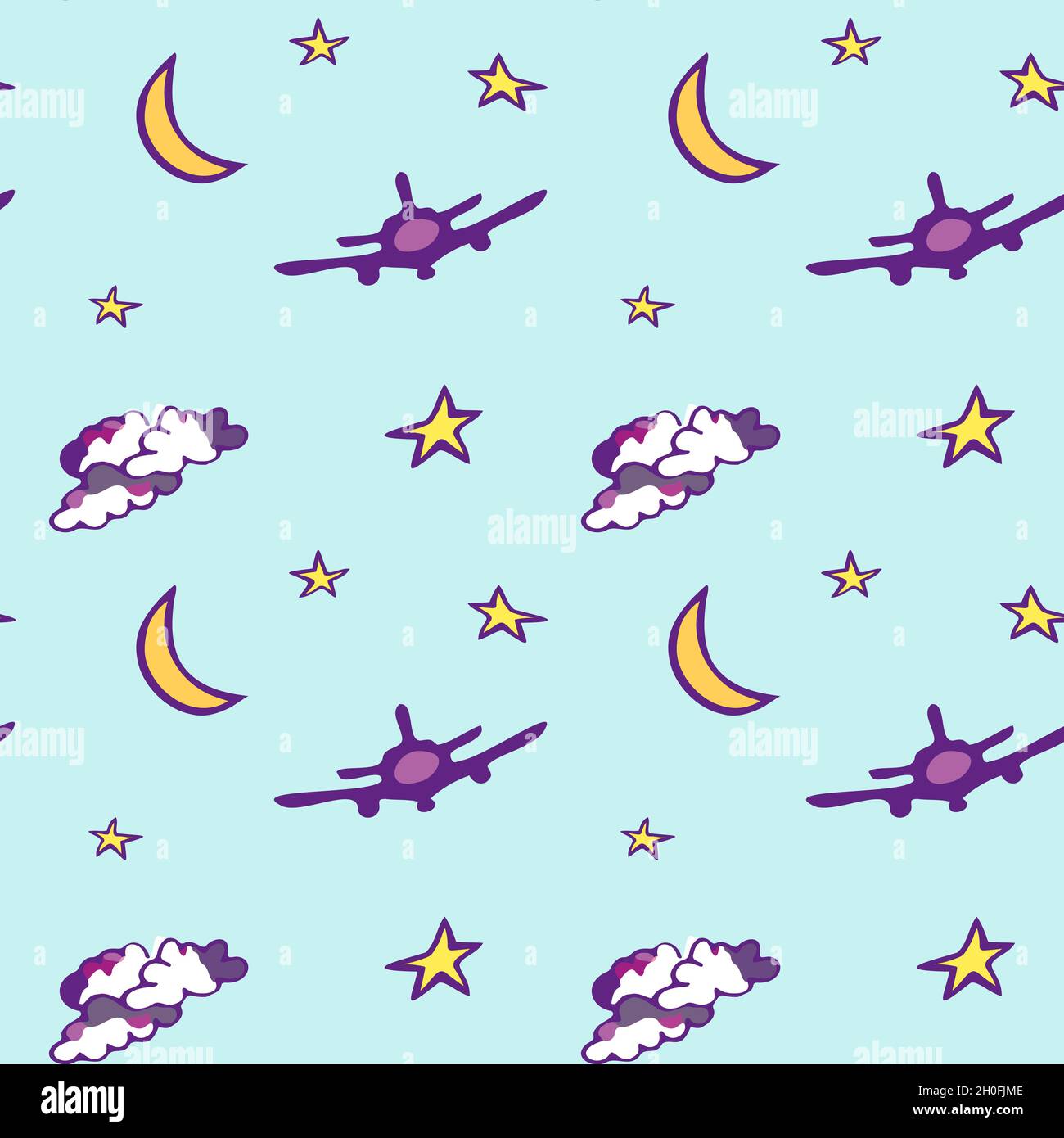 Seamless pattern with moon, stars, plane and clouds. Agua background. Stock Vector