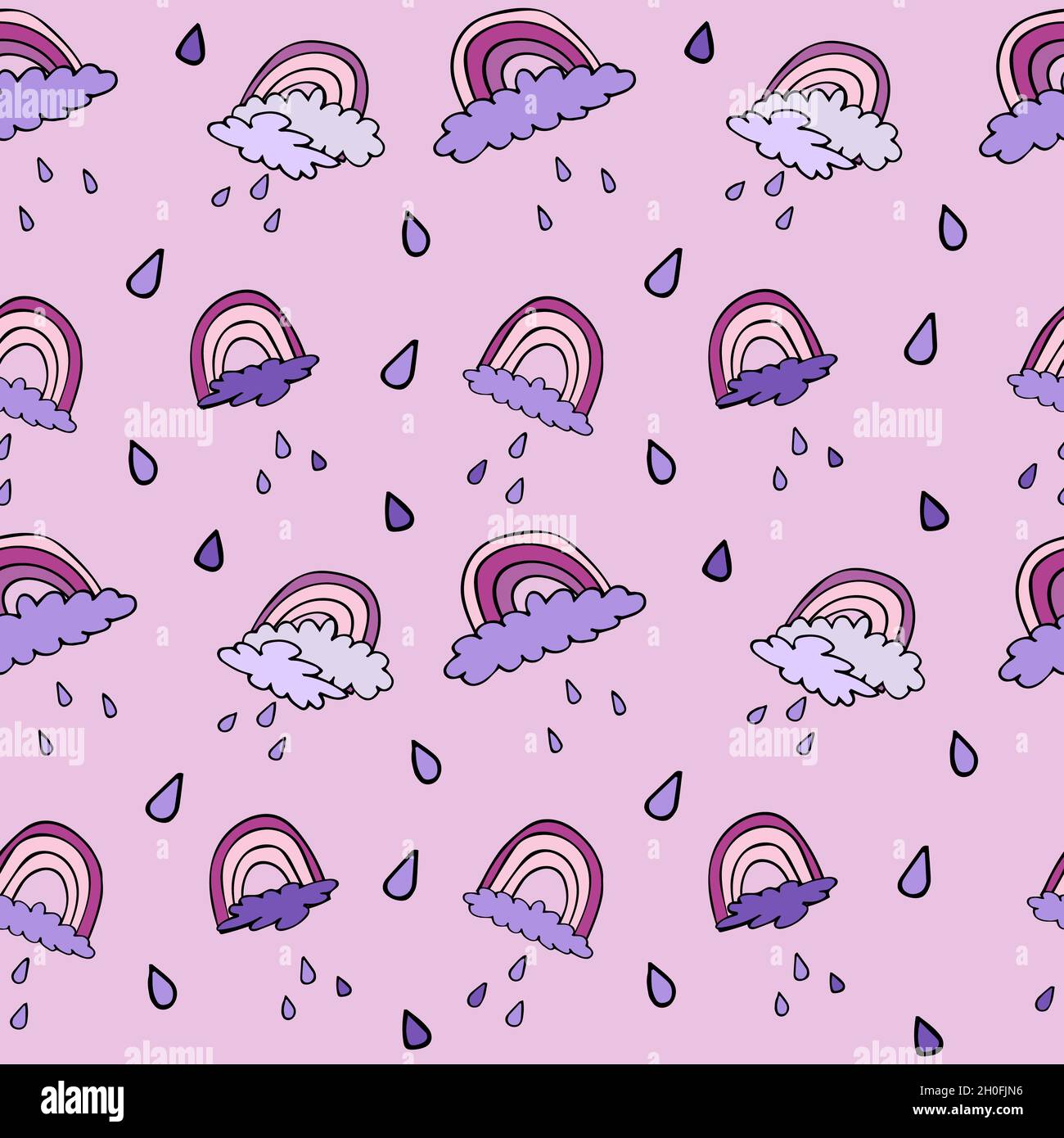 Seamless pattern with rainbow, rain and clouds. Stock Vector