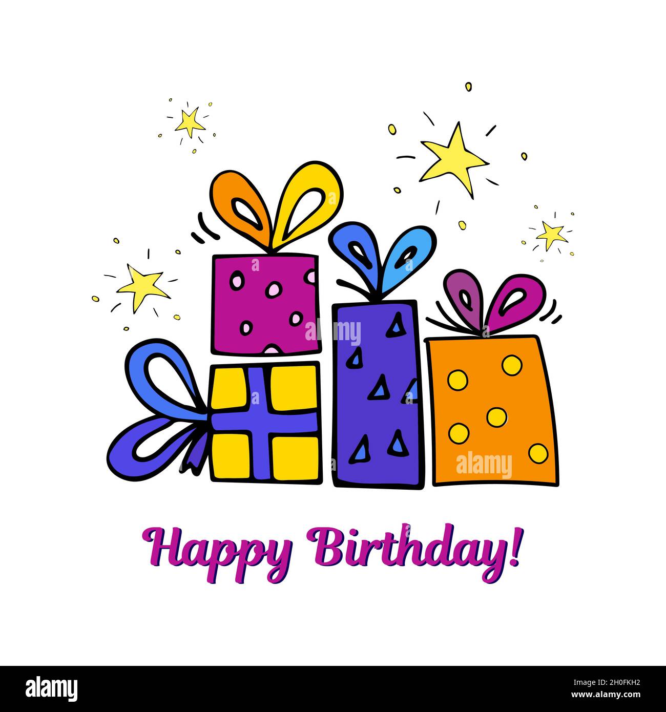 Vector birthday card with gifts and stars. Stock Vector
