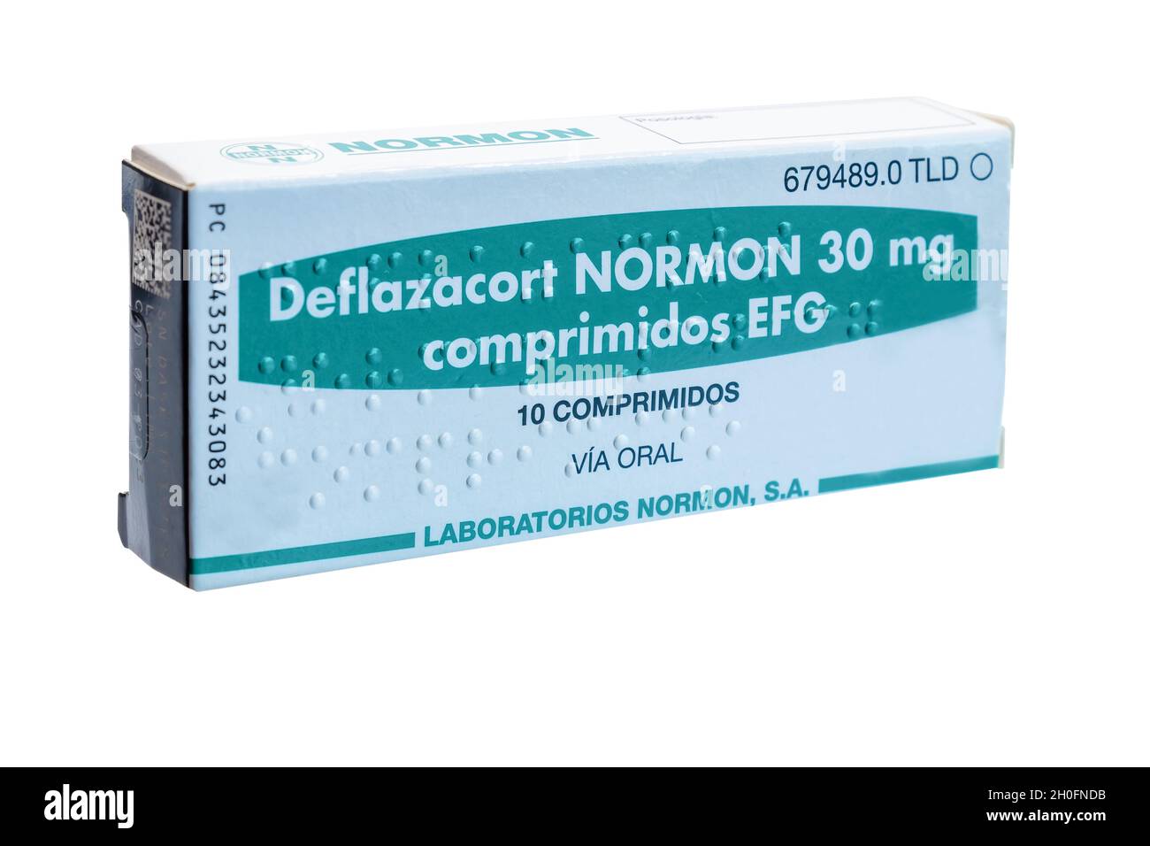 Huelva, Spain - October 10, 2021: Spanish box of generic Deflazacort 30mg from Nomon Laboratory. It is a steroid that is used to treat Duchenne muscul Stock Photo