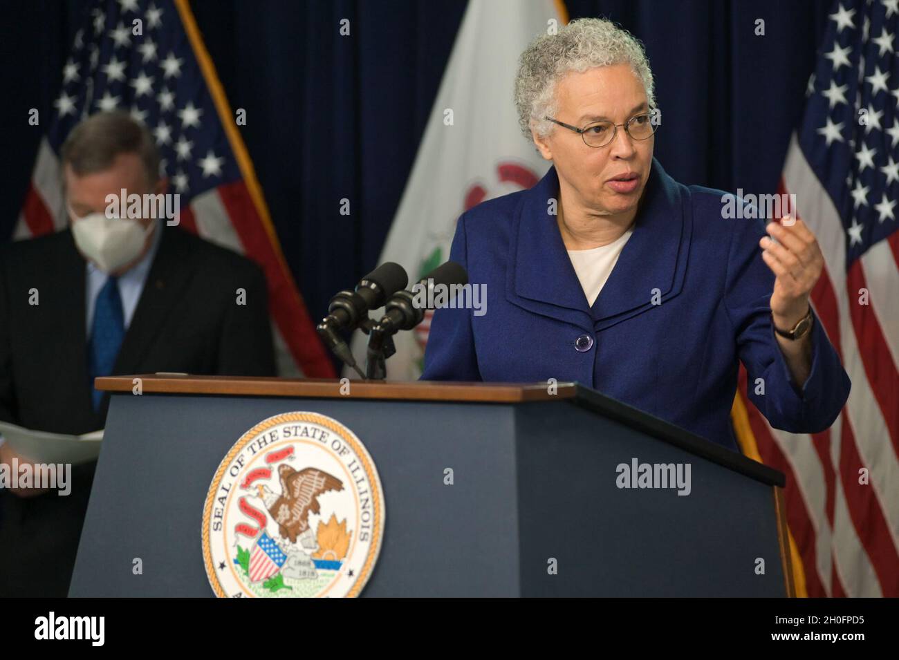 Cook County President Toni Preckwinkle speaks during a press conference held in the James R. Thompson Center, Chicago, Illinois, February 26, 2021. Preckwinkle gave her support of the U.S. Army operated vaccination site planned to open in Cook County, Illinois. Stock Photo