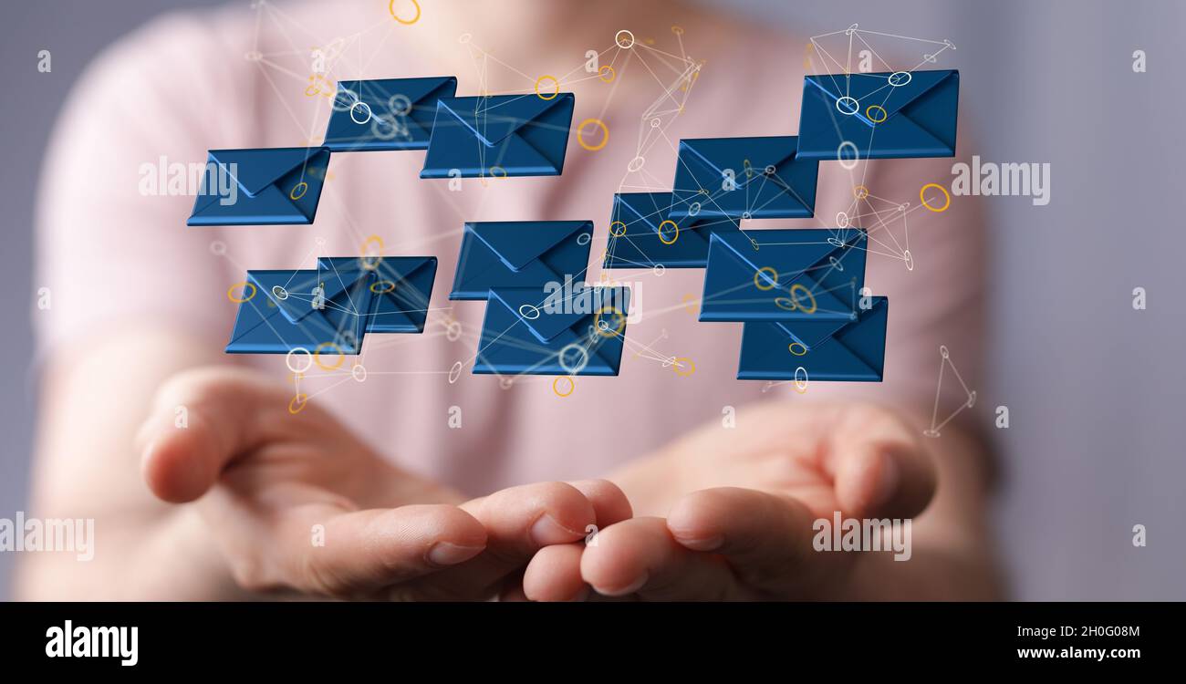 3D rendering of email icons floating on a woman's hand against a ...