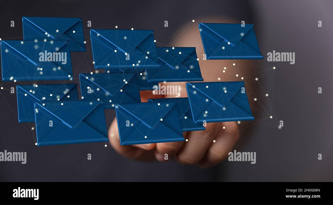 3D rendering of email icons floating on a man's hand against a blurred ...