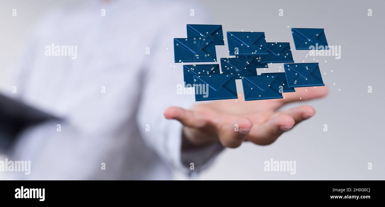 3D rendering of email icons floating on a man's hand against a blurred ...