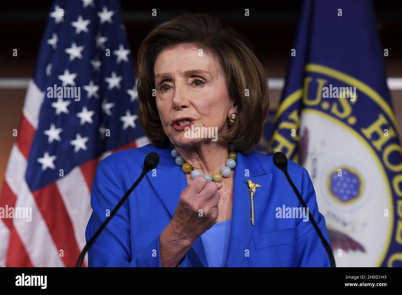 Washington, United States. 12th Oct, 2021. House Speaker Nancy Pelosi (D-CA) speaks about Debt Ceiling and Social Safety Net bills during her weekly press conference at HVC/Capitol Hill. Credit: SOPA Images Limited/Alamy Live News Stock Photo