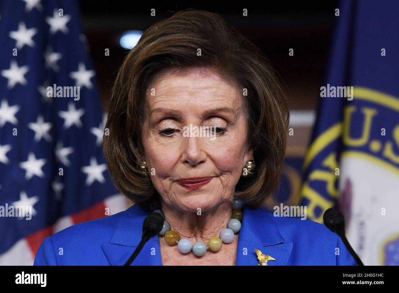 Washington, United States. 12th Oct, 2021. House Speaker Nancy Pelosi (D-CA) speaks about Debt Ceiling and Social Safety Net bills during her weekly press conference at HVC/Capitol Hill. Credit: SOPA Images Limited/Alamy Live News Stock Photo