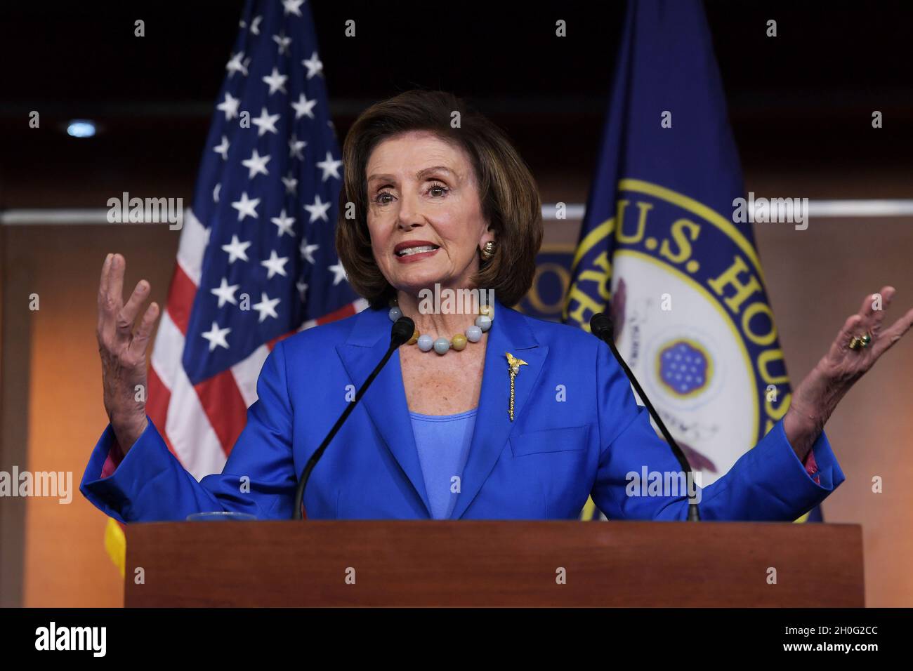 Washington, United States. 12th Oct, 2021. House Speaker Nancy Pelosi (D-CA) speaks about Debt Ceiling and Social Safety Net bills during her weekly press conference at HVC/Capitol Hill. (Photo by L Nolly/SOPA Images/Sipa USA) Credit: Sipa USA/Alamy Live News Stock Photo