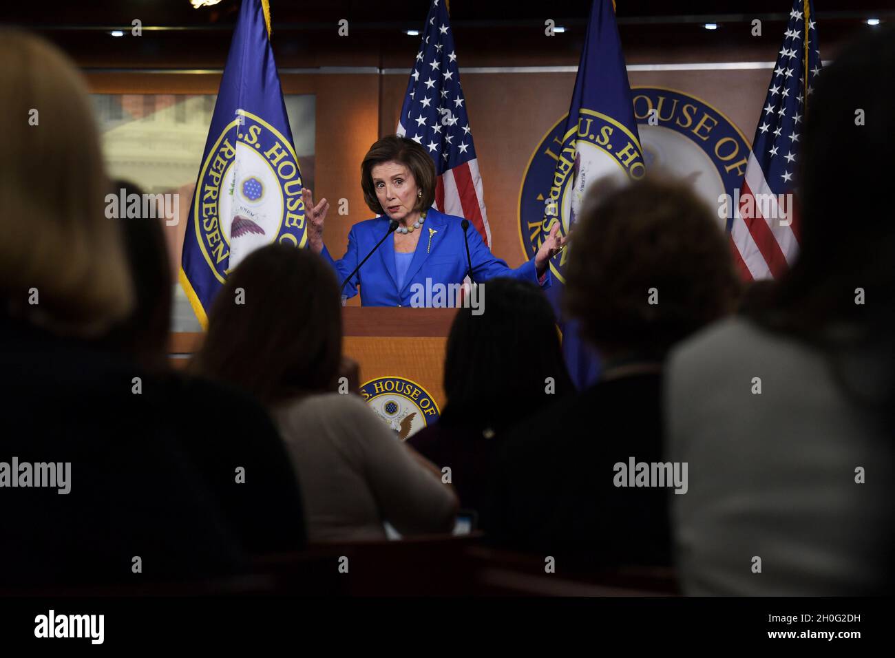 Washington, United States. 12th Oct, 2021. House Speaker Nancy Pelosi (D-CA) speaks about Debt Ceiling and Social Safety Net bills during her weekly press conference at HVC/Capitol Hill. (Photo by L Nolly/SOPA Images/Sipa USA) Credit: Sipa USA/Alamy Live News Stock Photo