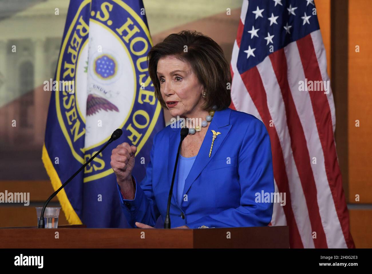 Washington, United States. 12th Oct, 2021. House Speaker Nancy Pelosi (D-CA) speaks about Debt Ceiling and Social Safety Net bills during her weekly press conference at HVC/Capitol Hill. (Photo by L Nolly/SOPA Images/Sipa USA) Credit: Sipa USA/Alamy Live News Stock Photo