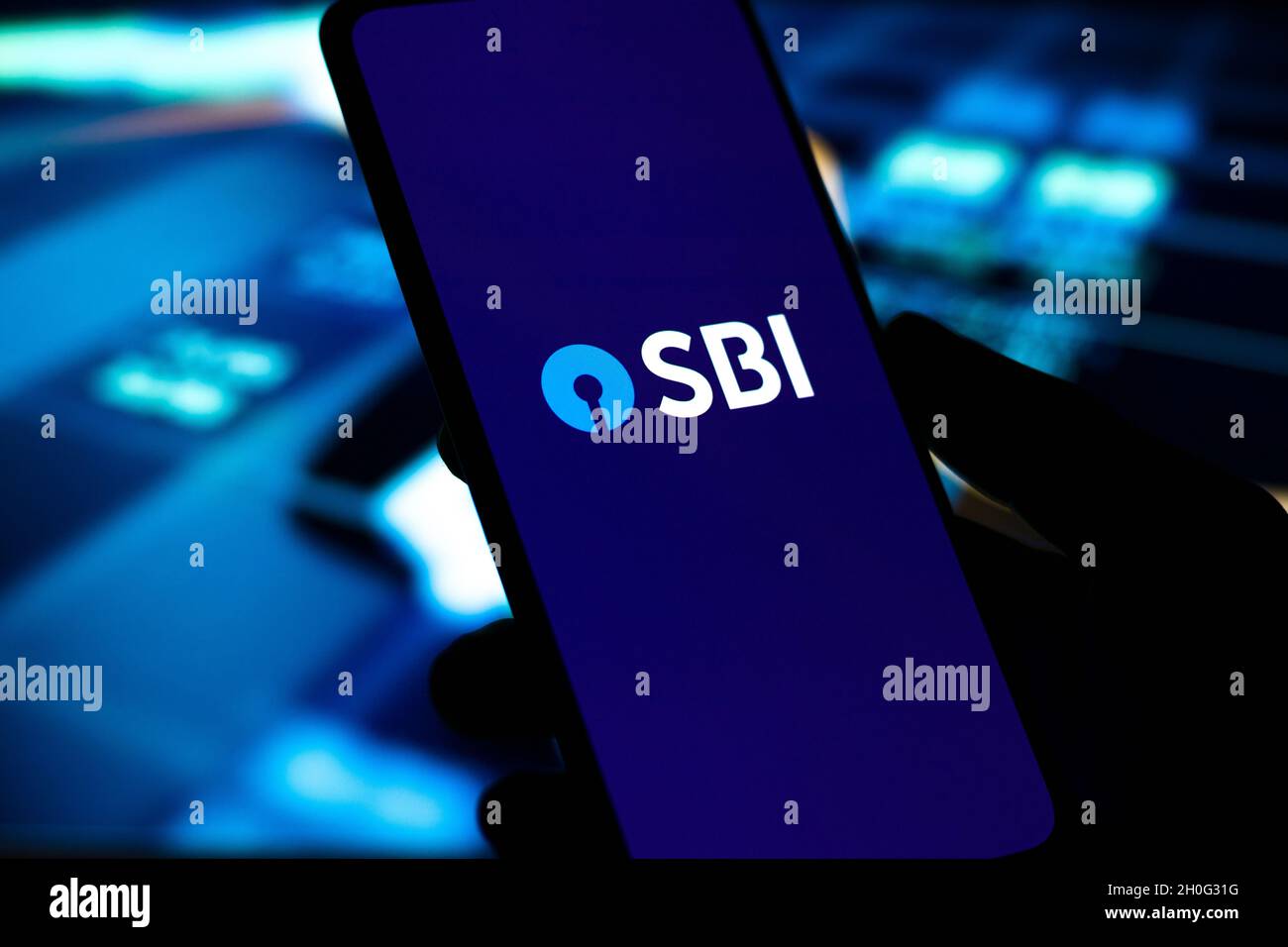 West Bangal, India - October 09, 2021 : State Bank of India logo on phone screen stock image. Stock Photo