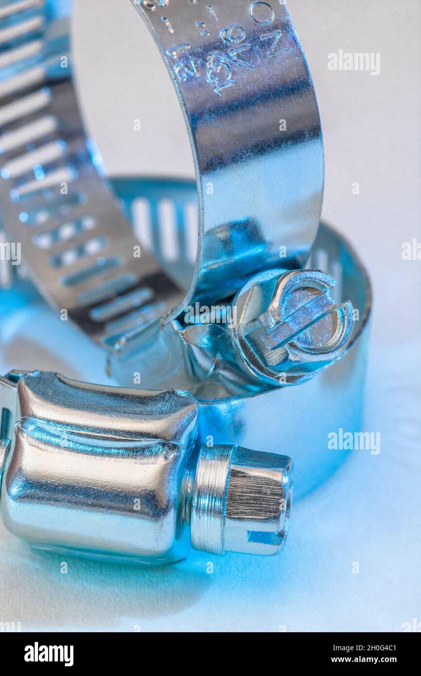 Close shot of Jubilee Clip style of worm drive hose clips (these are