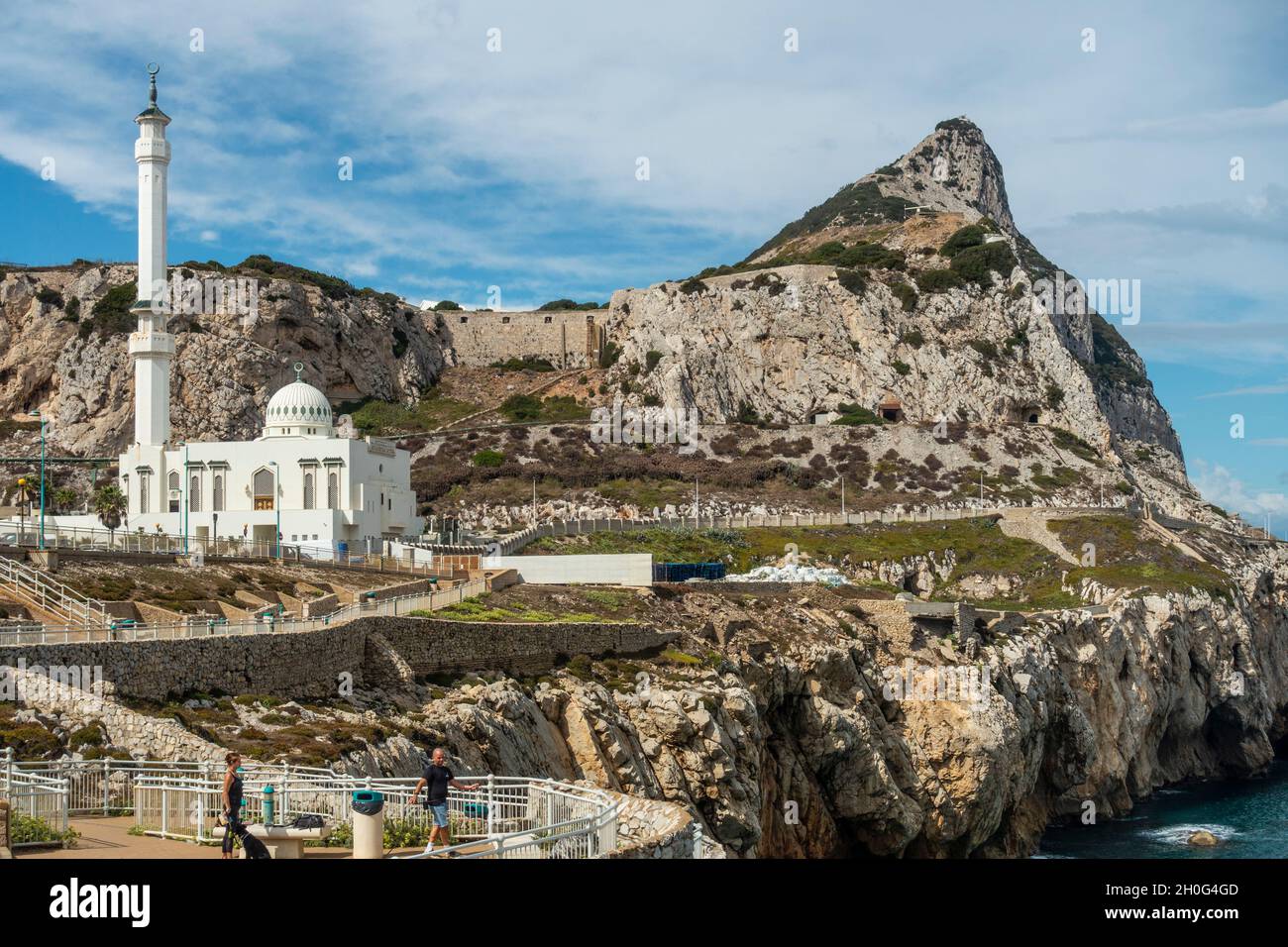 The Ibrahim-al-Ibrahim Mosque, at Europa Point, Gibraltar, with the Rock of Gibraltar in the background. Stock Photo
