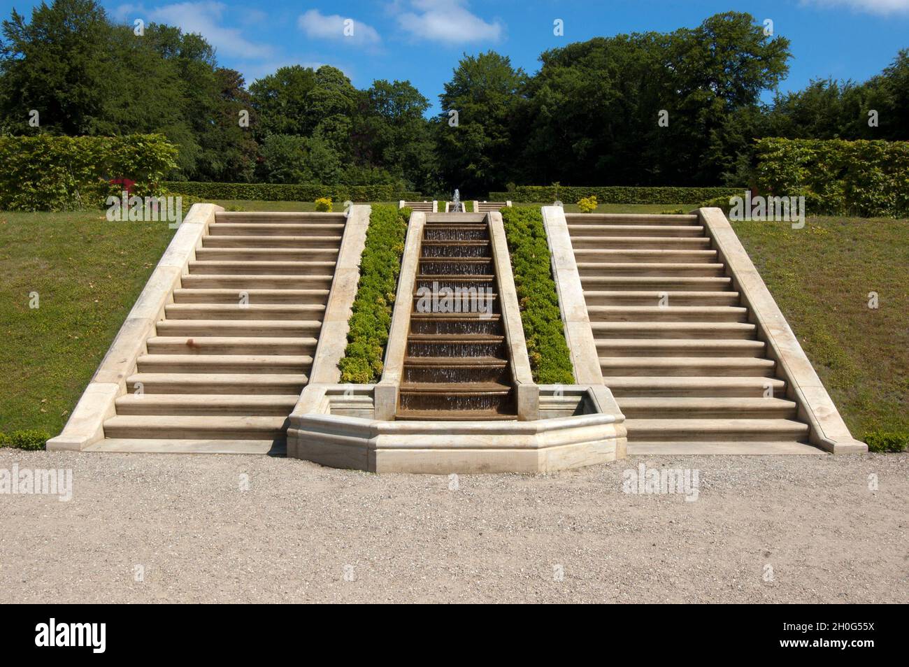 Schleswig, Germany - June 27, 2010: Grand staircase with water cascade in the terraces of the baroque Neuwerk garden of Gottorf Castle Stock Photo