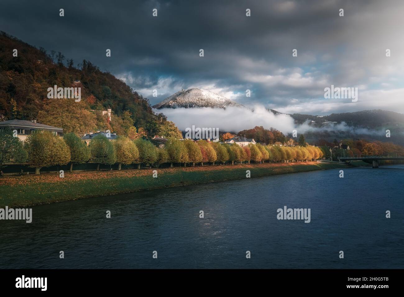 Colorful view of Salzach River and Gaisberg mountain - Salzburg, Austria Stock Photo