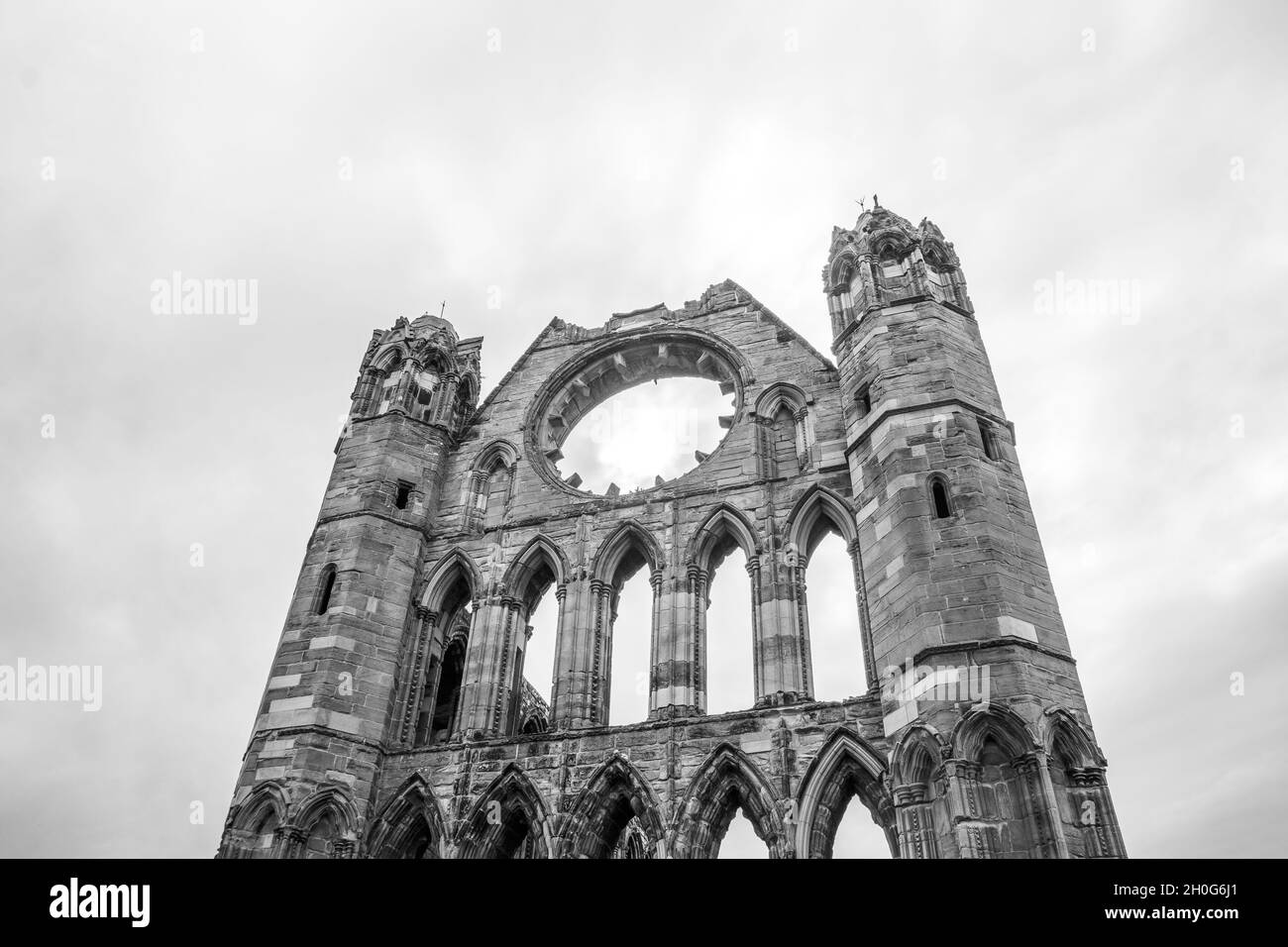 Low angel black and white shot of the main building of Elgin Cathedral Elgin UK. Stock Photo