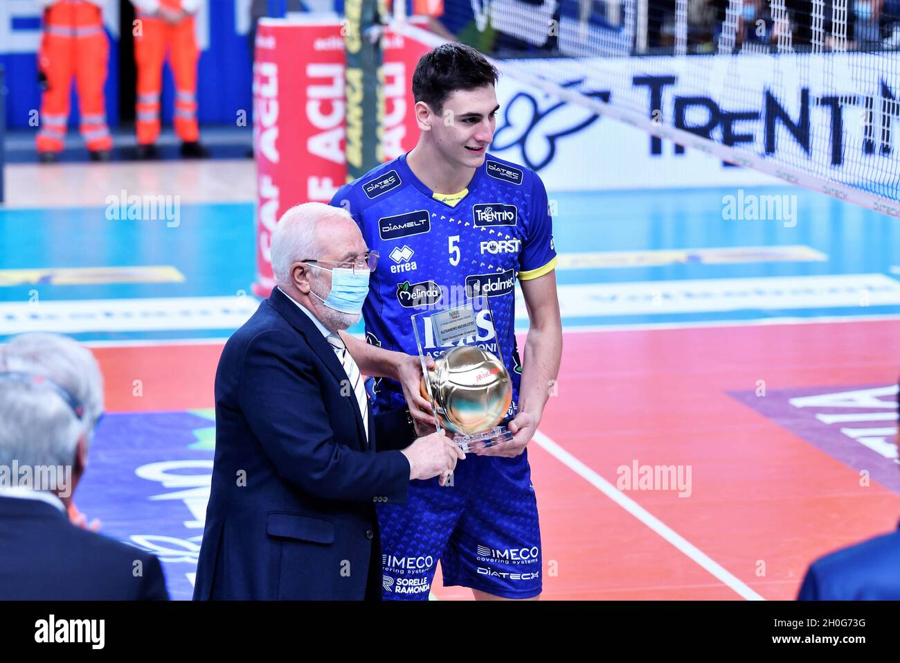 Trento, Italy. 12th Oct, 2021. Alessandro Michieletto and the past  president Diego Mosna awarded Trentino volley during Itas Trentino vs Volley  Verona, Volleyball Italian Serie A Men Superleague Championship in Trento,  Italy,