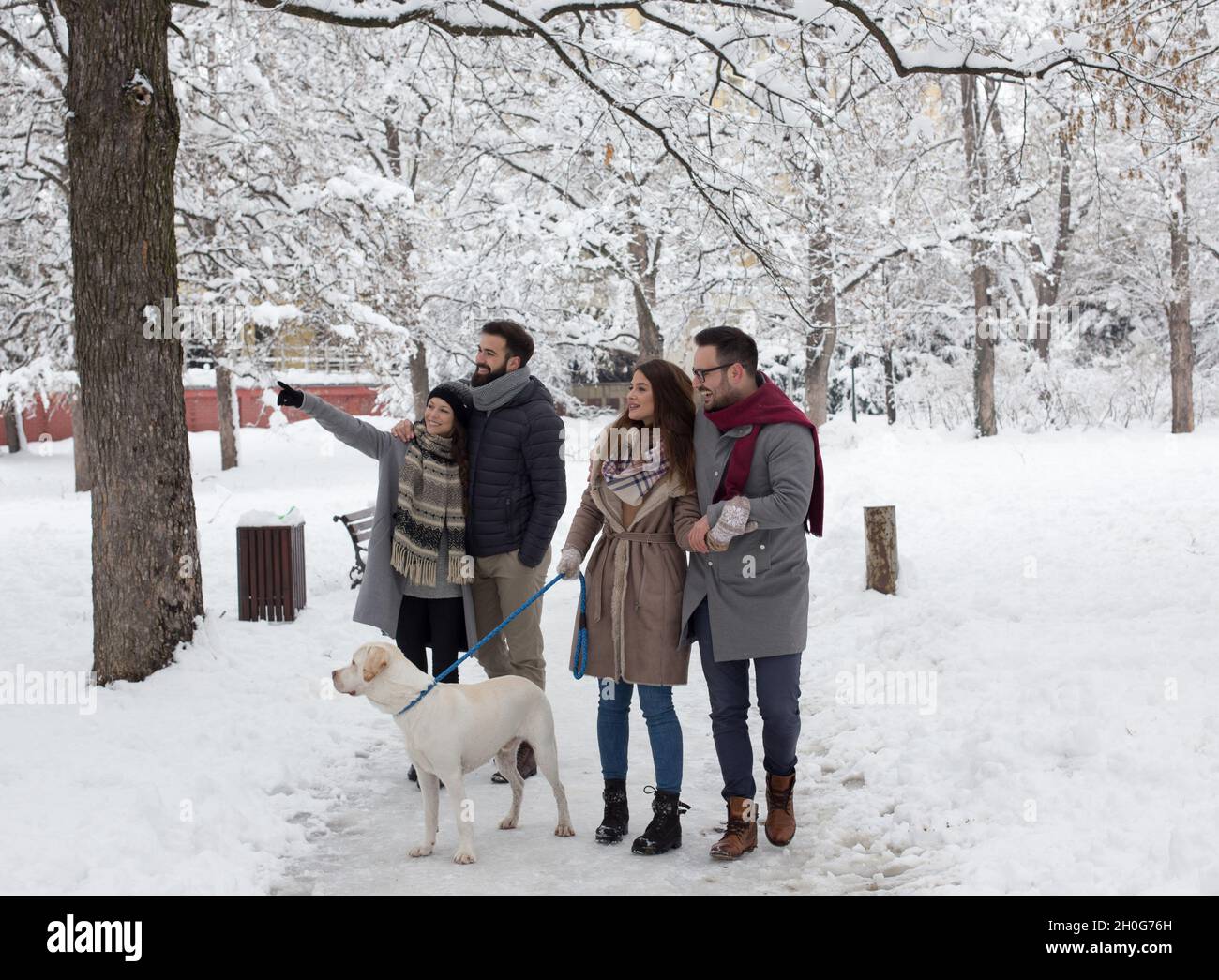 Two couples walking dog in park in winter time with lot of snow Stock Photo