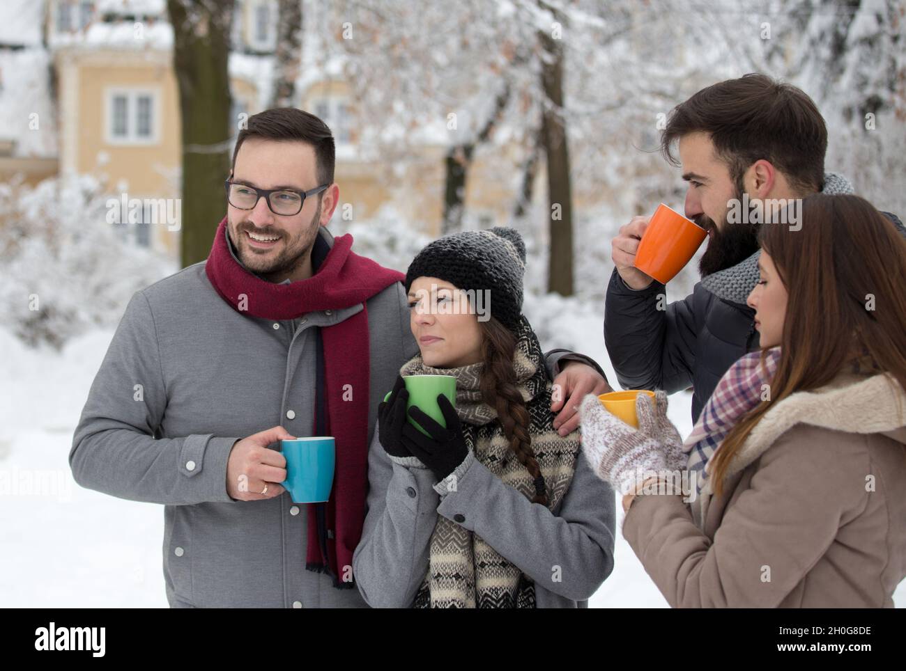 Bright Red Blue Mugs Hot Drinks Snow Background Text Space Stock Photo by  ©strike0 422531942