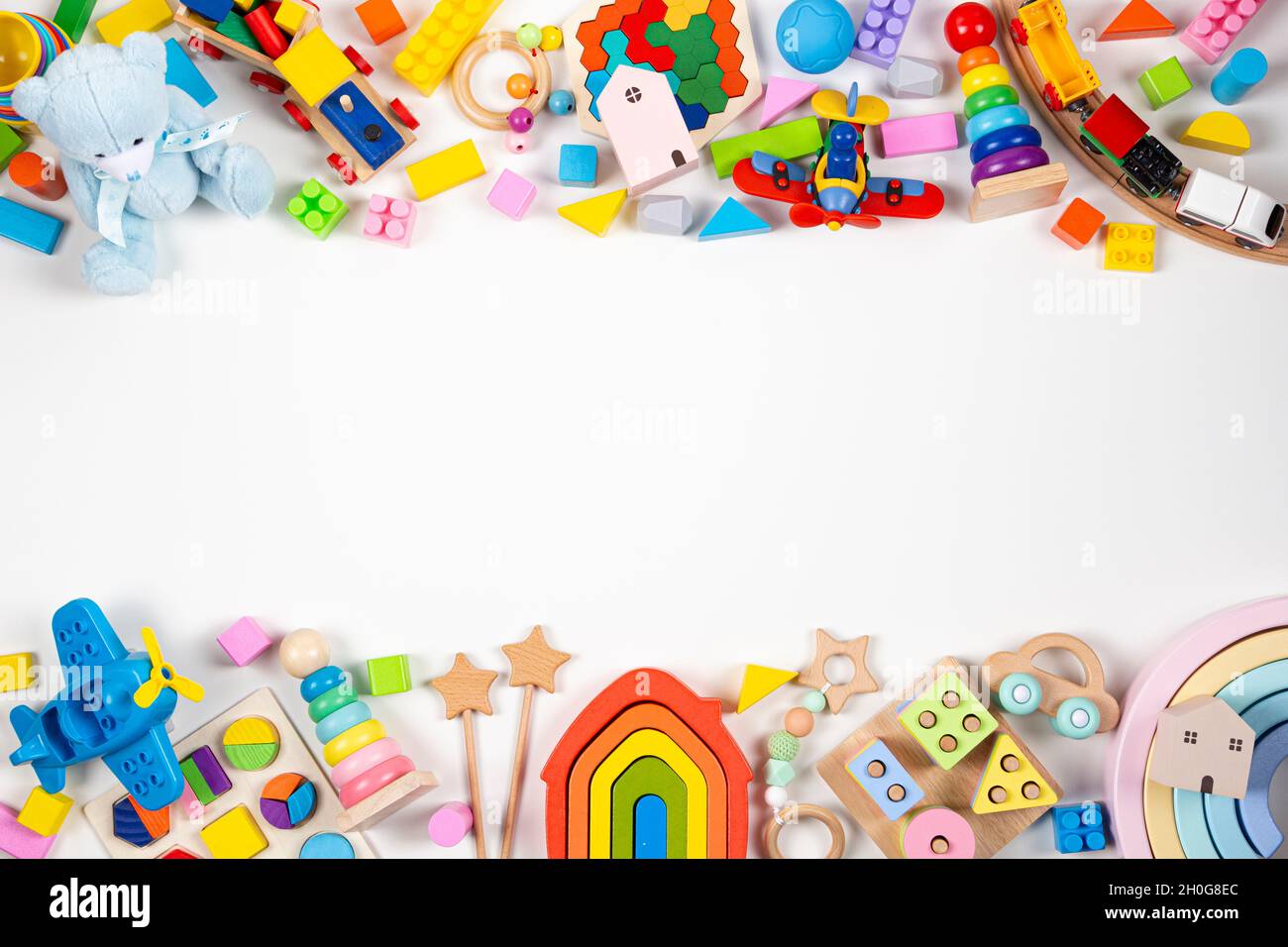 Baby kids toy frame. Many colorful educational toys on white background ...