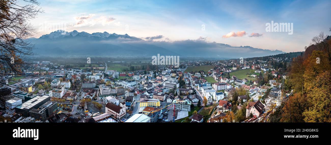 Panoramic Aerial view of Vaduz at sunset with Appenzell Alps on background - Vaduz, Liechtenstein Stock Photo