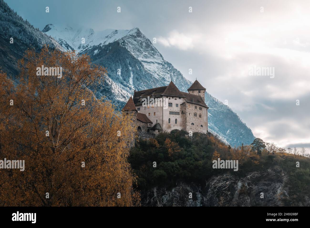 Gutenberg Castle and Alps Mountains - Balzers, Liechtenstein Stock Photo