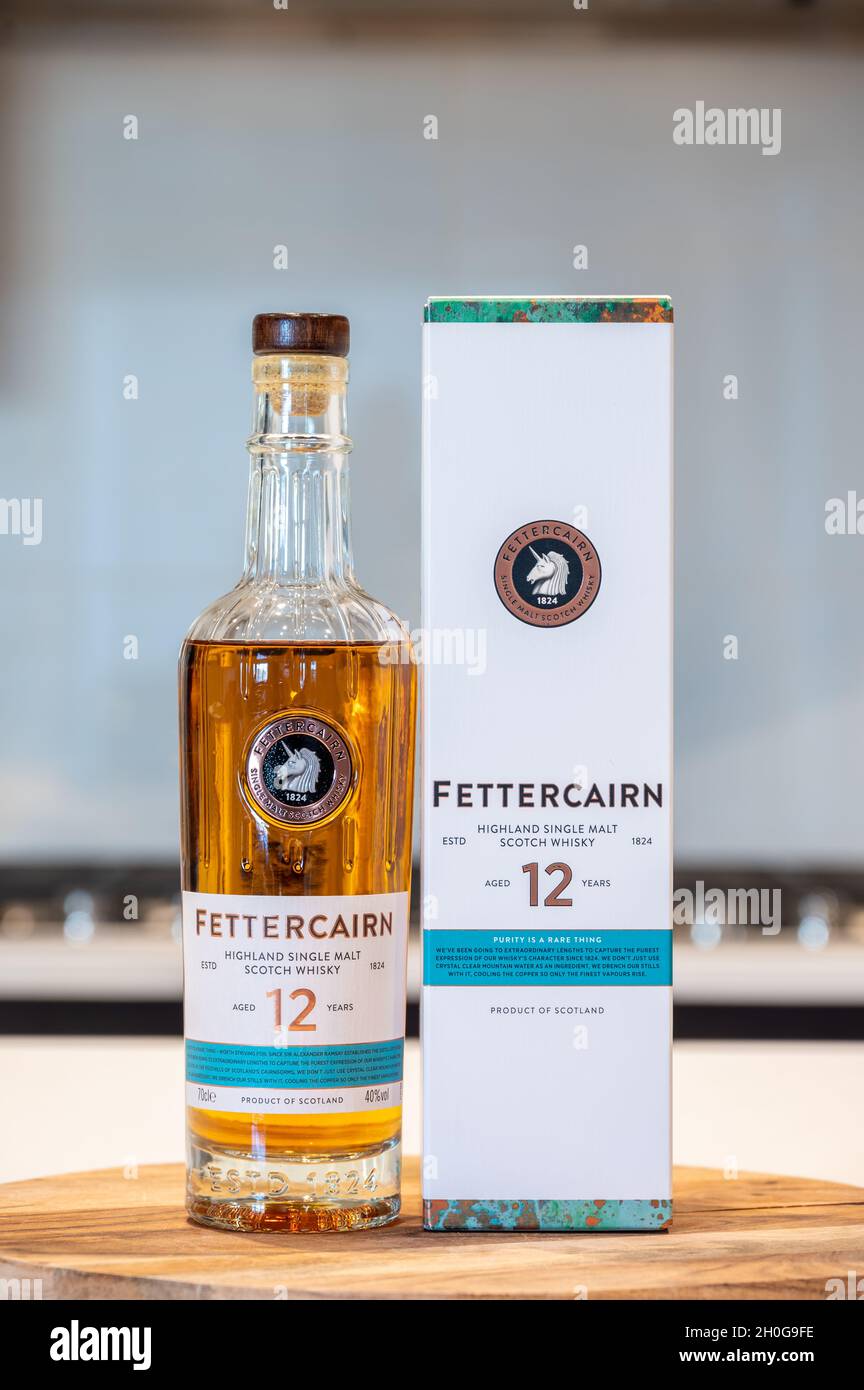 Calgary, Alberta - October 8, 2021: Bottle of Fettercairn single malt scotch whisky with display box Stock Photo
