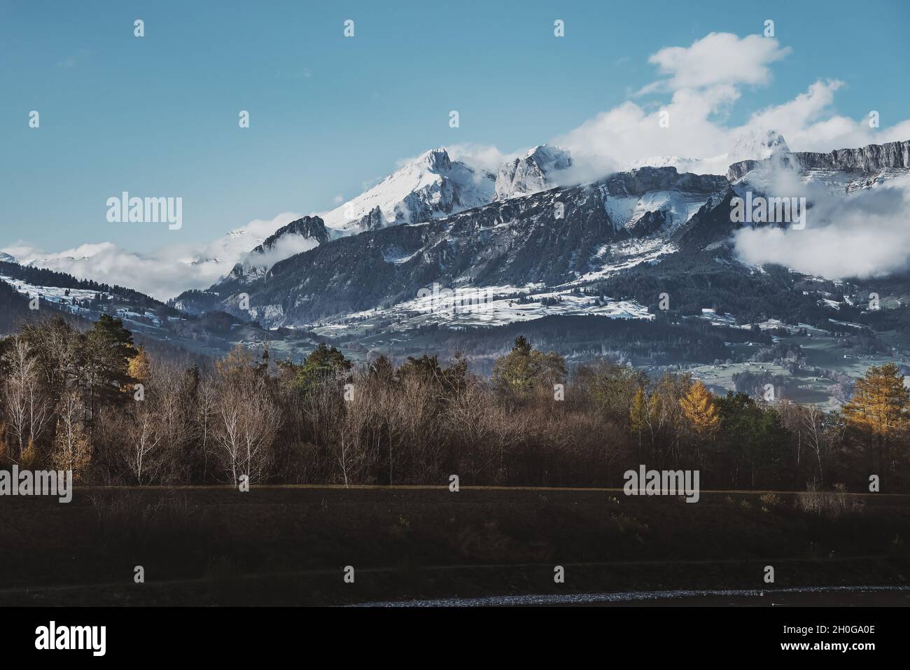 Appenzell Alps with Altmann,  Wildhuser Schafberg and Hundstein peaks view from Liechtenstein Stock Photo