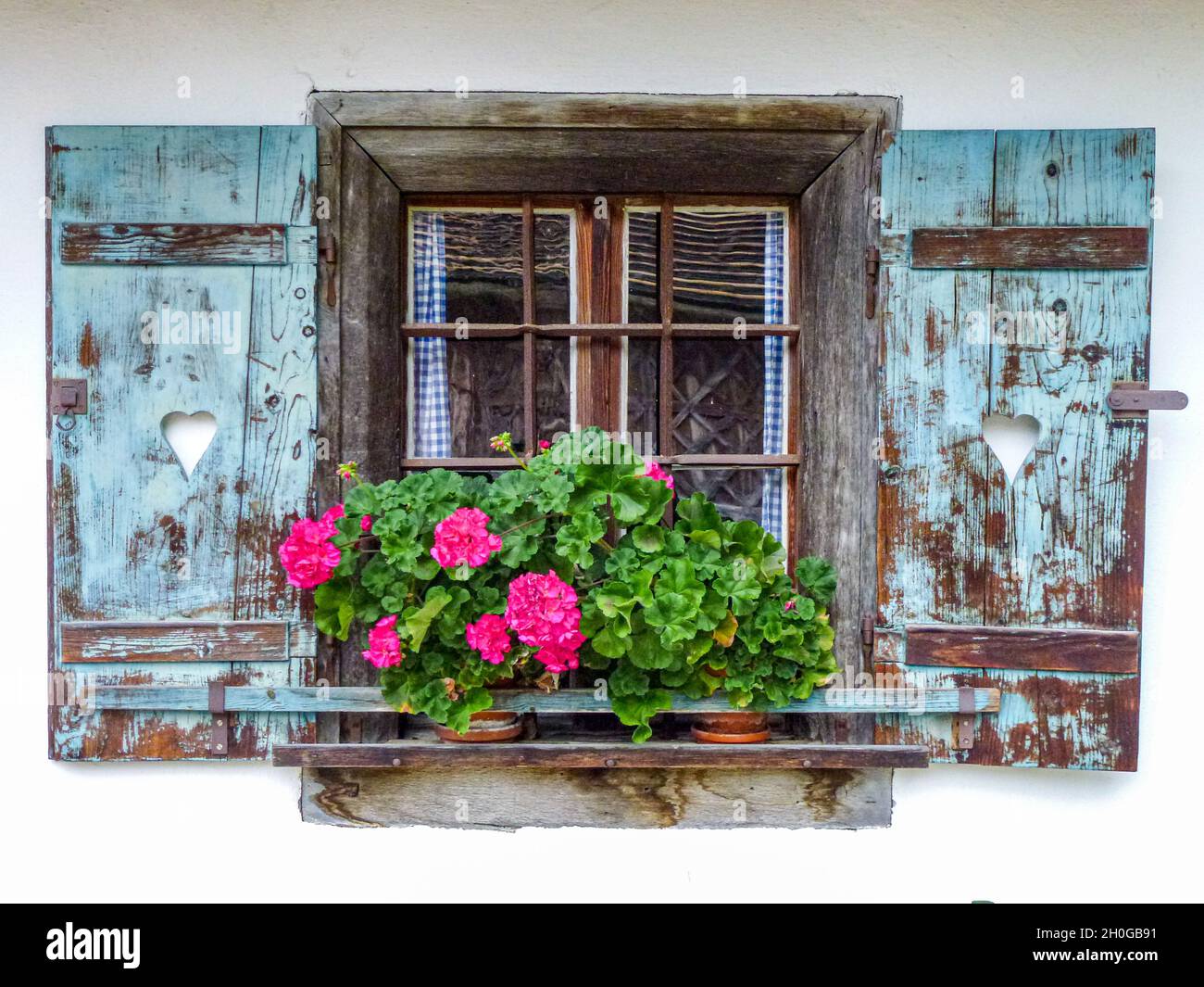 Closeup shot of an old wooden window with flowers on the sill Stock ...