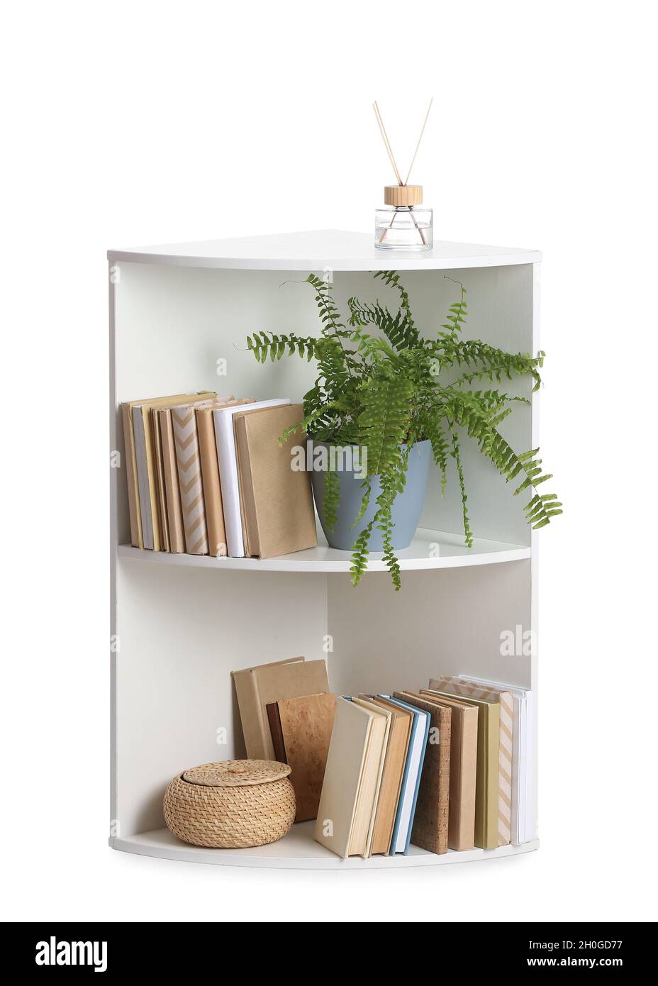 Modern bookcase with houseplant and reed diffuser on white background ...