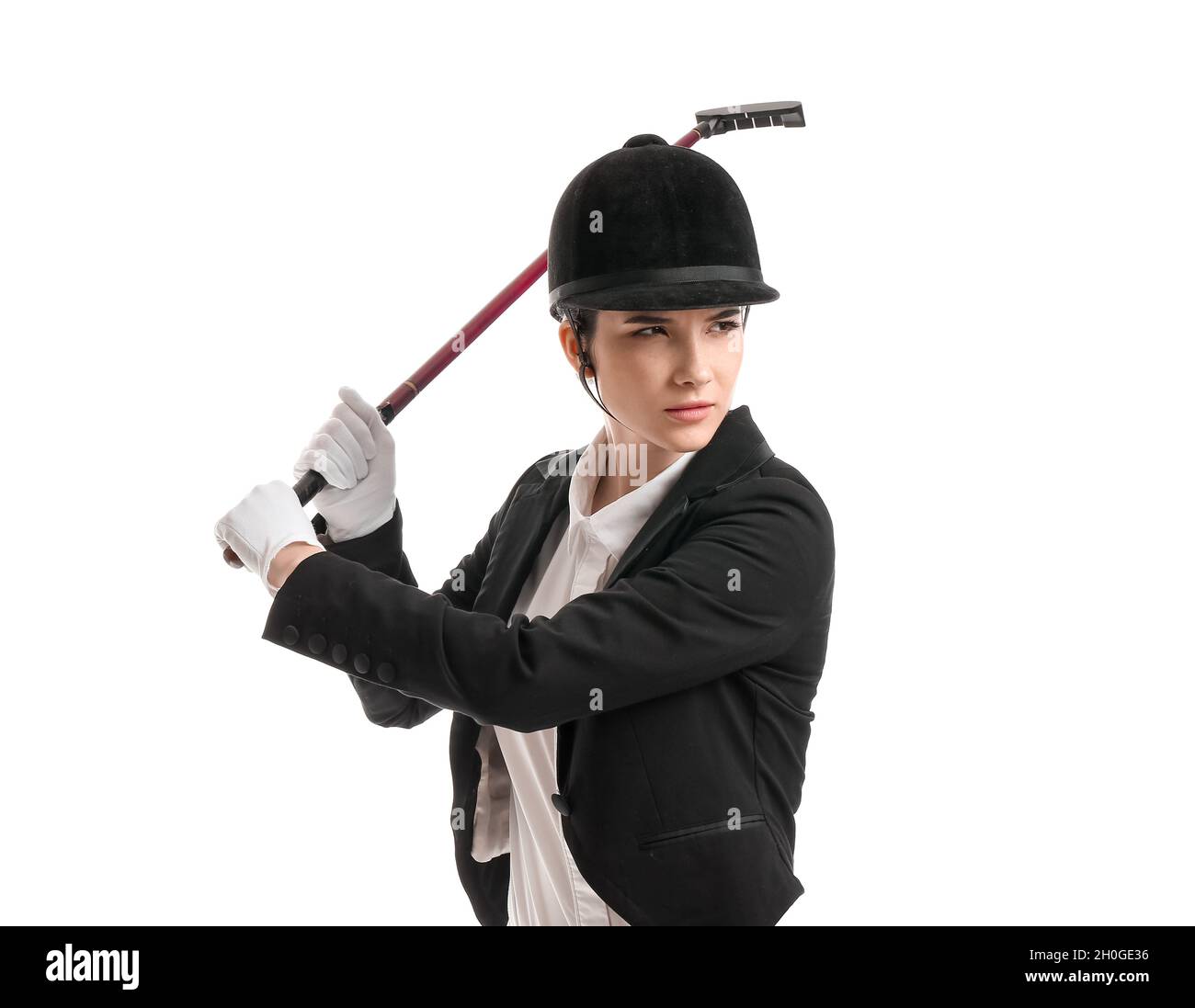 Beautiful female polo player on white background Stock Photo Alamy