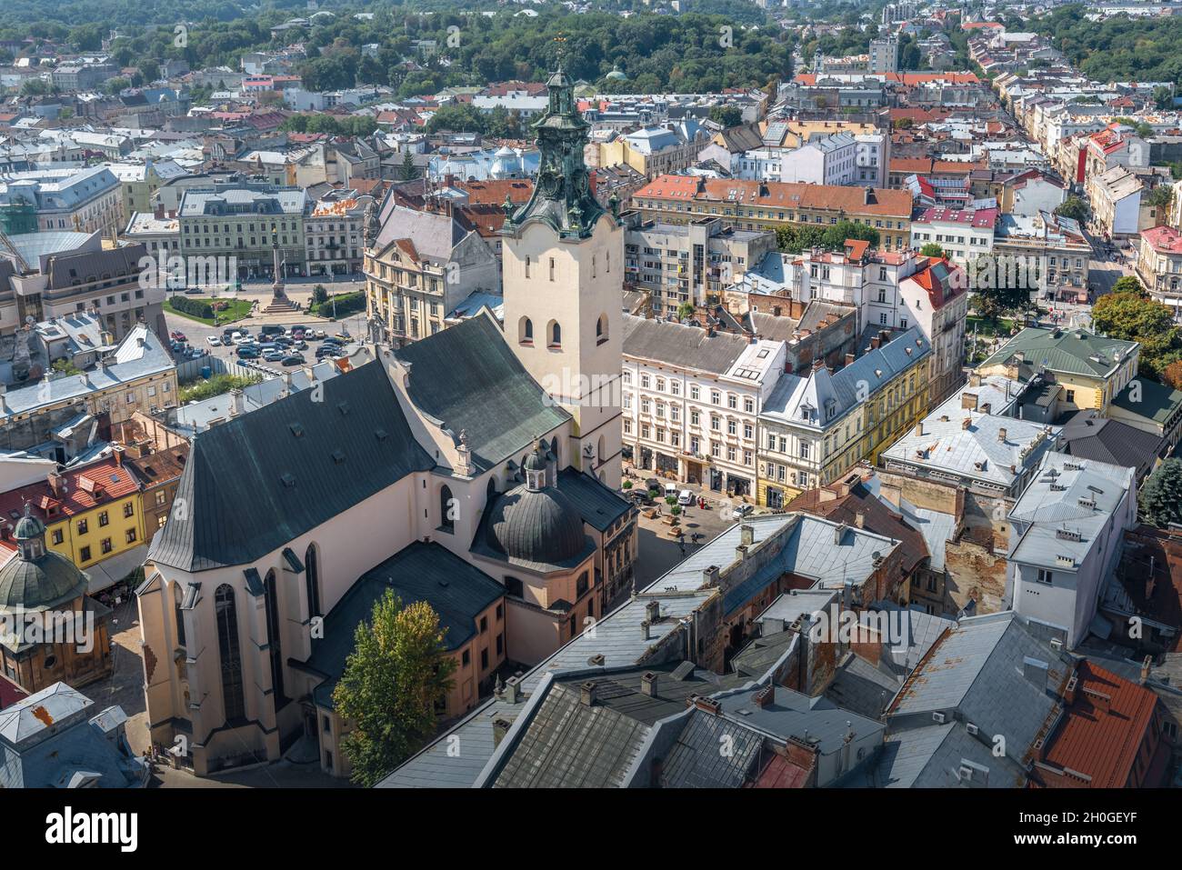 Aerial view of Latin Cathedral (Cathedral Basilica of the Assumption) - Lviv, Ukraine Stock Photo