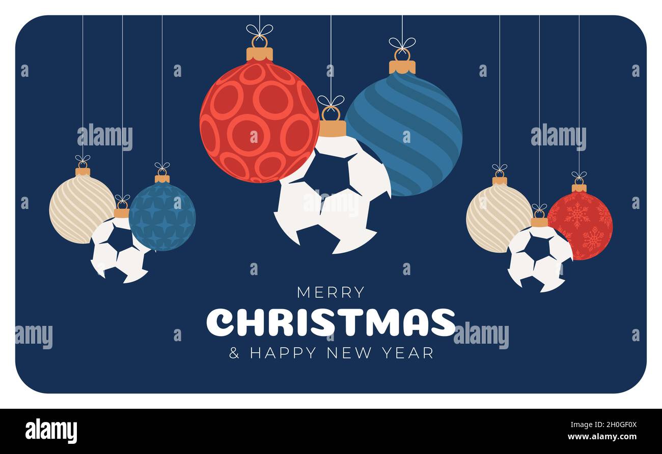 Football holiday banner. Merry Christmas and Happy New Year flat cartoon  Sports greeting card. Football soccer ball as a Christmas ball on  background Stock Vector Image & Art - Alamy