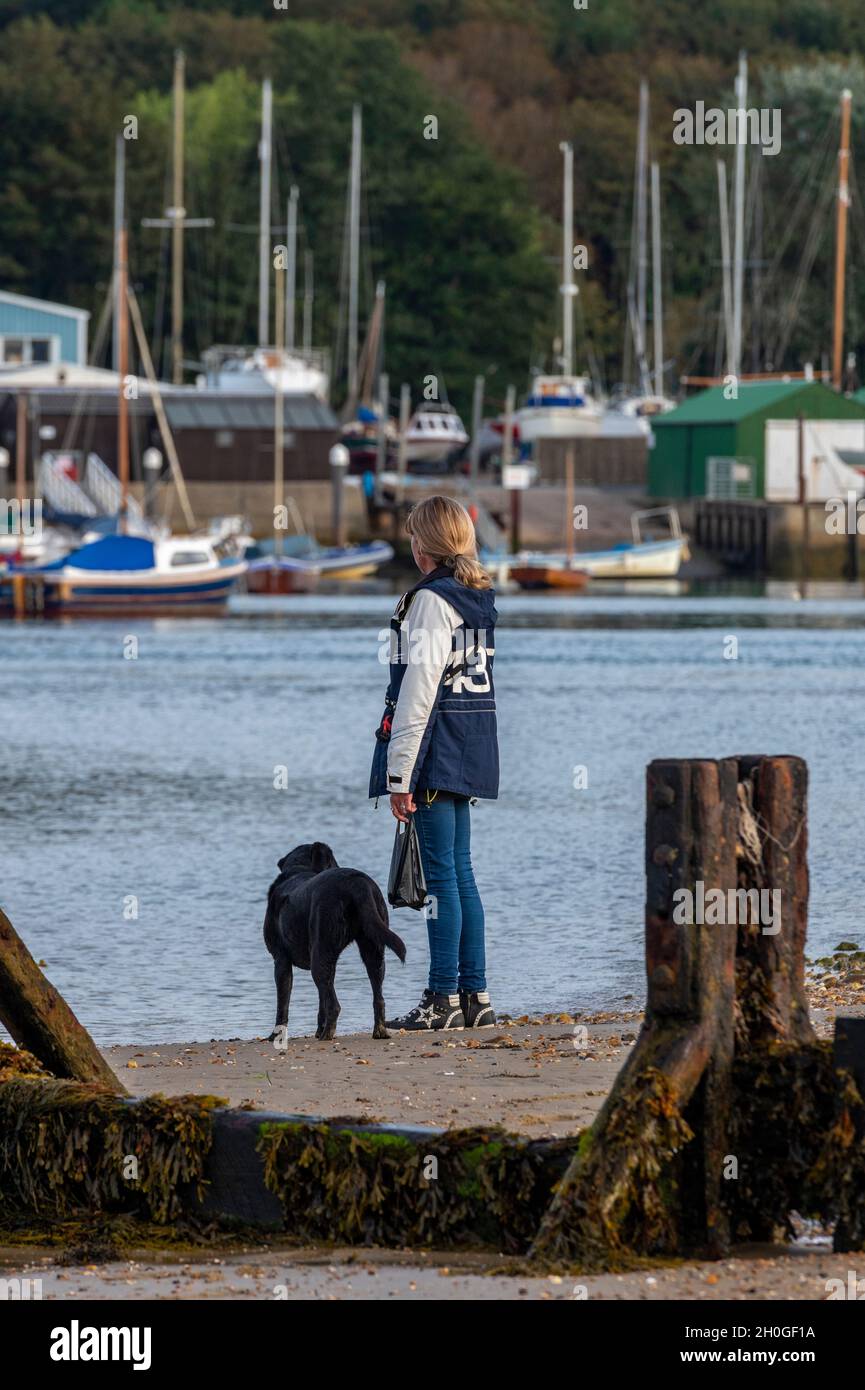young woman standing at the quayside or harbour side on the coast walking her pet dog. female with dog at the seaside. lady walking her dog at coast. Stock Photo