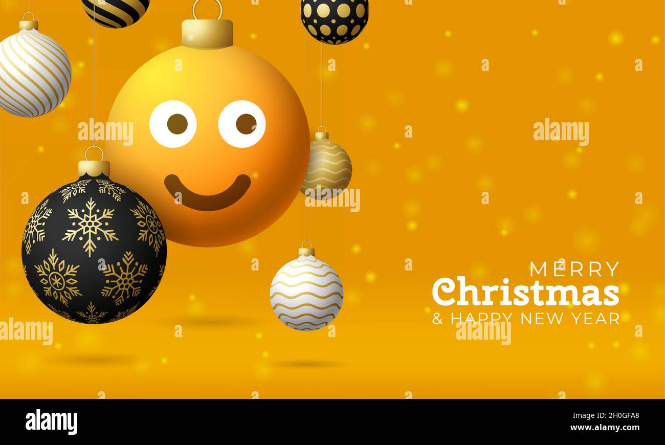 Merry Christmas card with smile emoji face. Vector illustration in flat ...