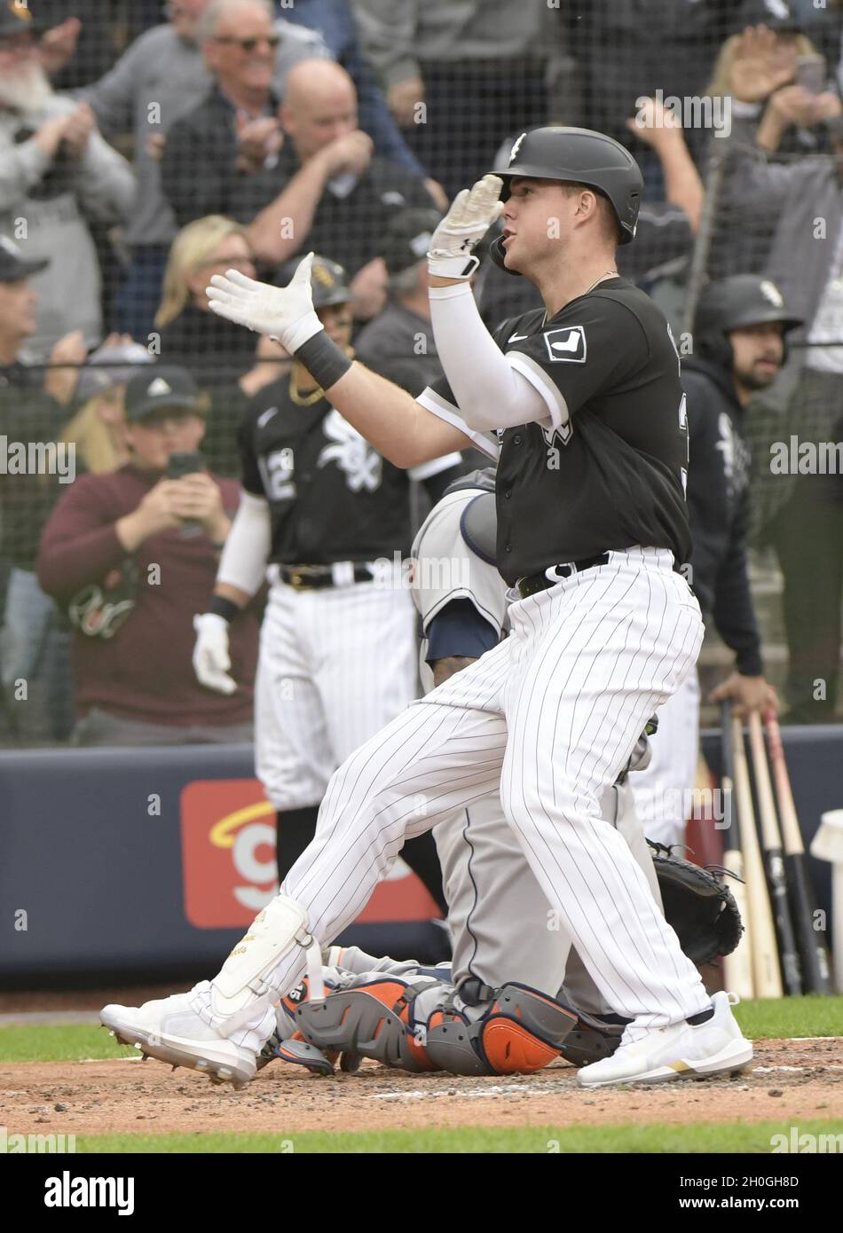 Chicago, United States. 12th Oct, 2021. Chicago White Sox Gavin Sheets  celebrates his solo home run against the Houston Astros during the second  inning of game four of the MLB ALDS at