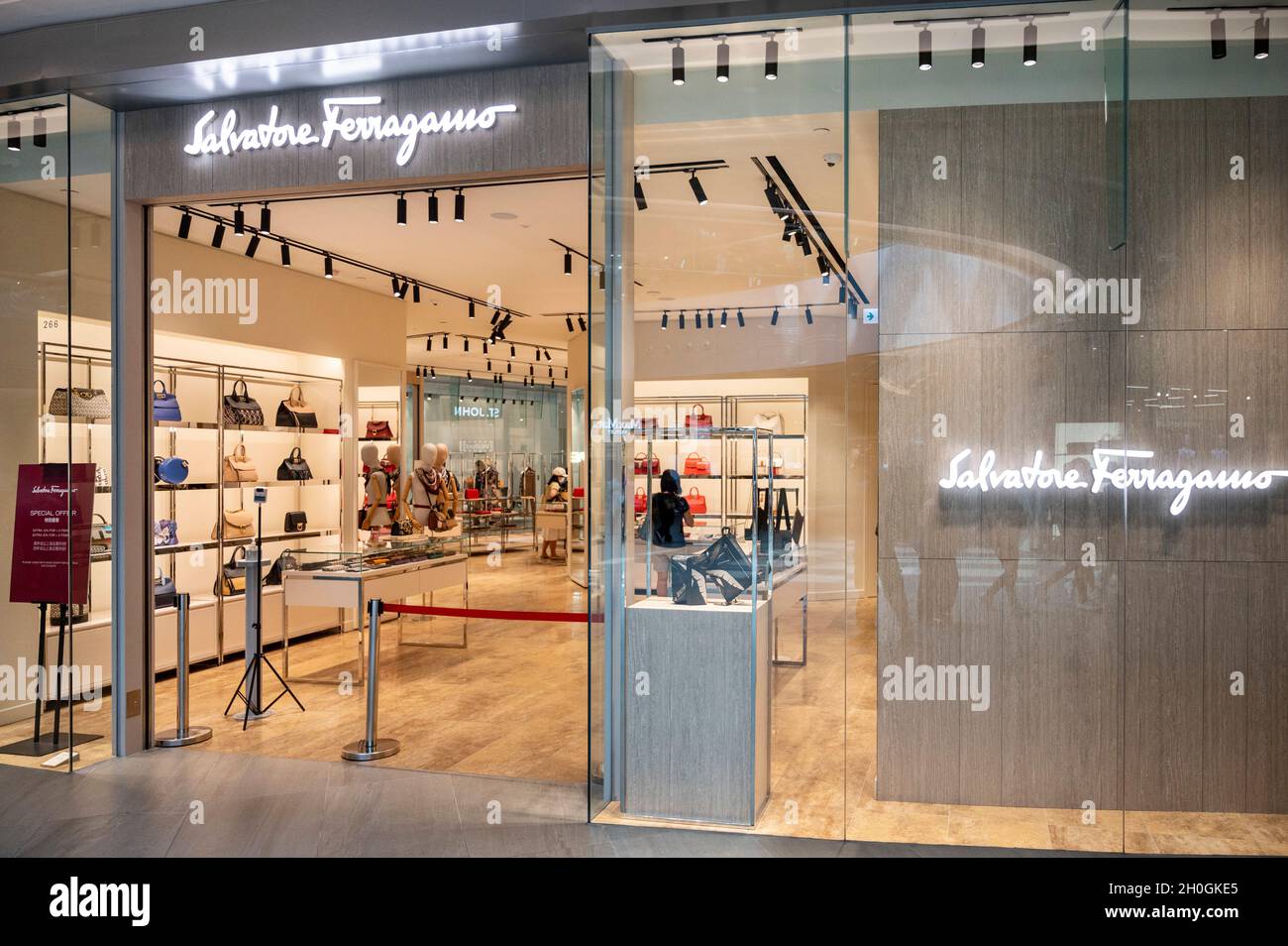 Italian luxury shoe brand Salvatore Ferragamo store and logo seen in Hong Kong. Stock Photo