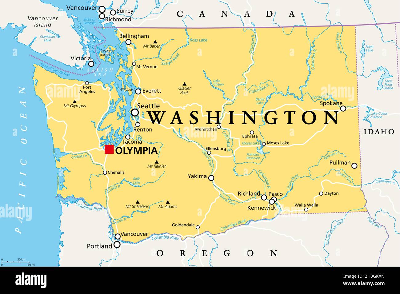 Washington, WA, political map with the capital Olympia. State in the Pacific Northwest region of the Western United States of America. Stock Photo