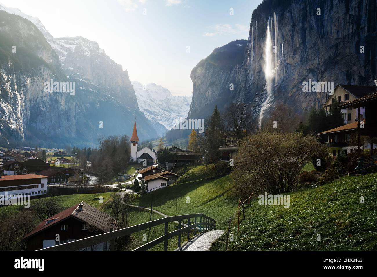 Village Church of Lauterbrunnen valley - famous Waterfall valley in the middle of the alps - Lauterbrunnen, Switzerland Stock Photo
