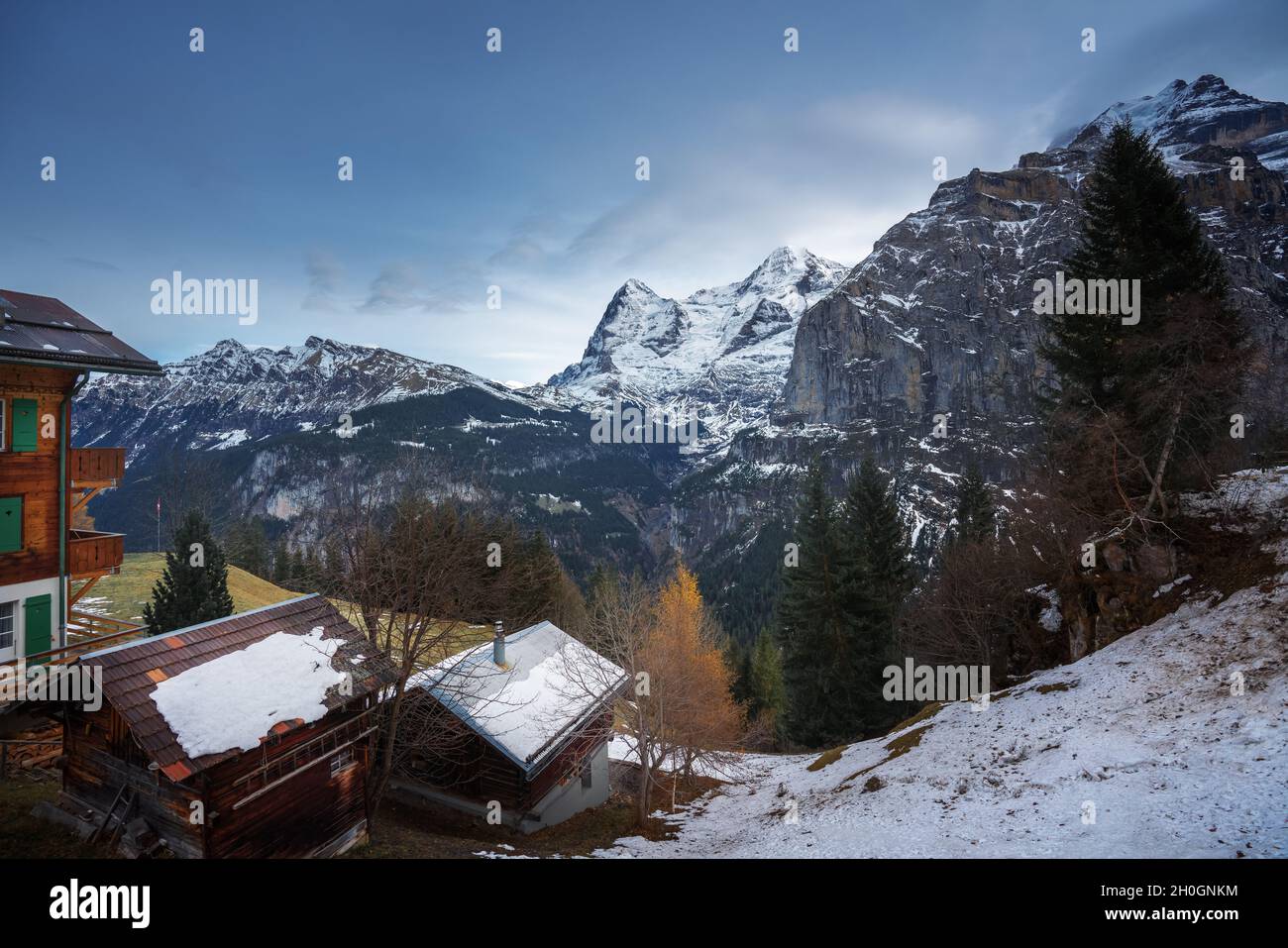 Murren Village with a view of Eiger and Monch Mountains - Murren, Switzerland Stock Photo