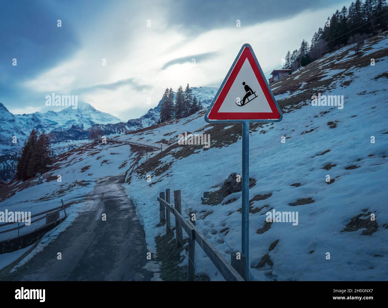 Sledding Sign - Murren, Switzerland Stock Photo