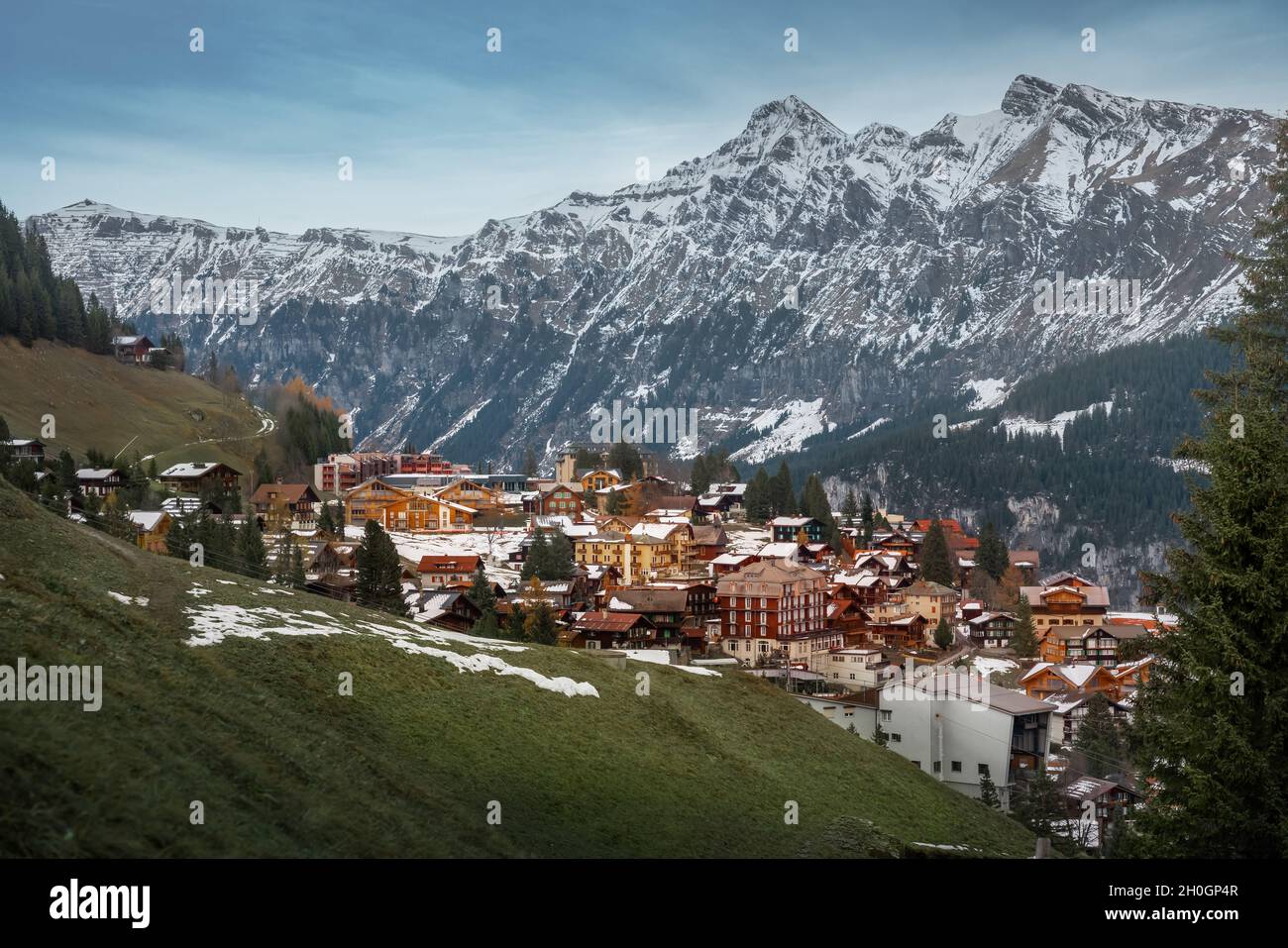 Murren Village with Tschuggen Mountain on background - Murren, Switzerland Stock Photo