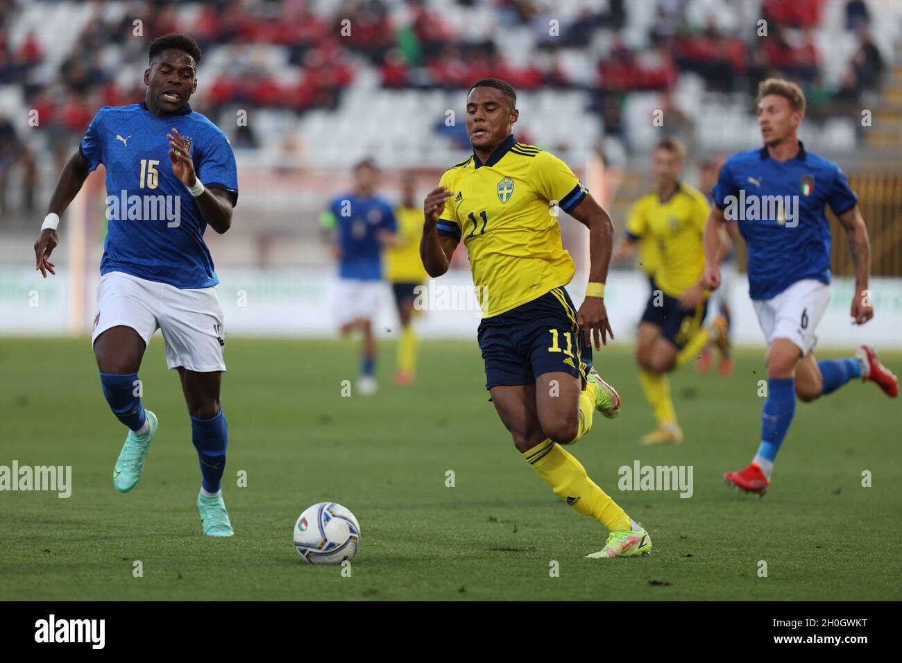 Monza, Italy on October 12, 2021, Amin Sar of U21 Sweden in action during  the UEFA European Under-21 Championship Qualifier football match between  Italy U21 and Sweden U21 at U-Power Stadium, Monza,