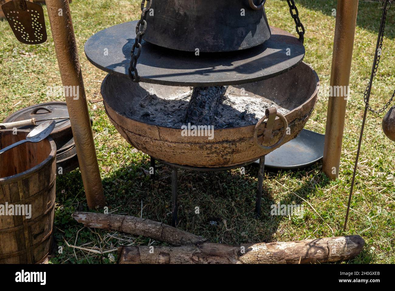 Cooking equipment replicas used by medieval vikings displayed by a re