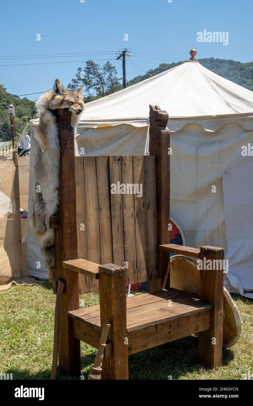 An animal skin displayed on a replica timber viking chair by a re-enactment troupe at a village fair Stock Photo
