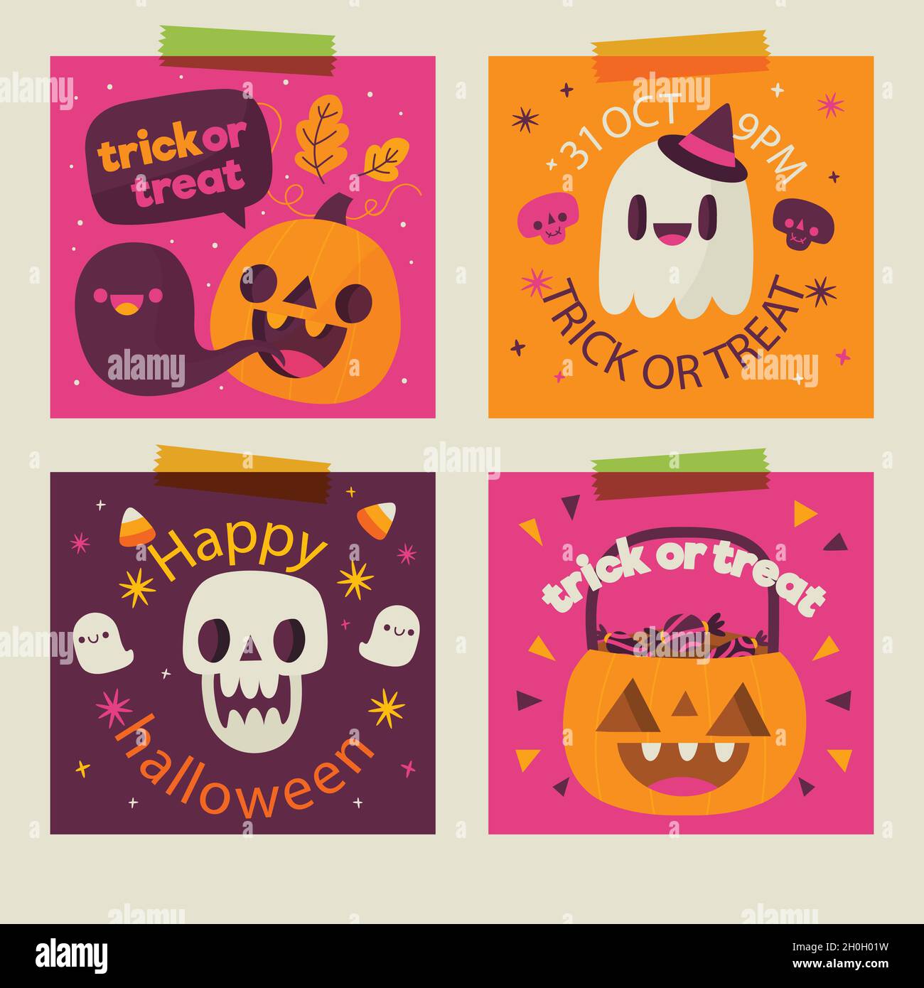 hand drawn halloween card collection vector design illustration Stock ...
