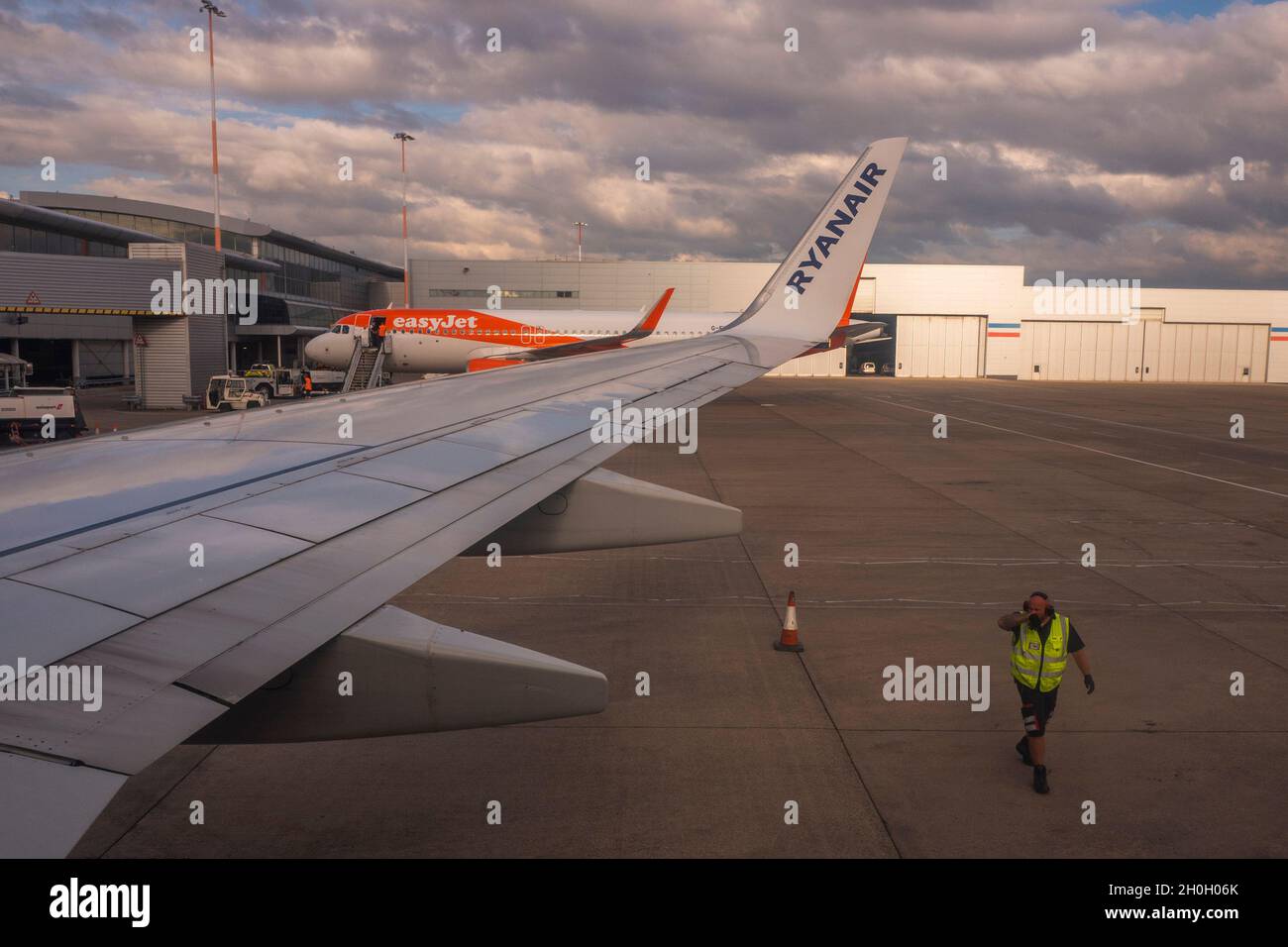 A Ryanair airplane on the runway at Liverpool John Lennon airport on August 04, 2020 in Liverpool, United Kingdom Stock Photo
